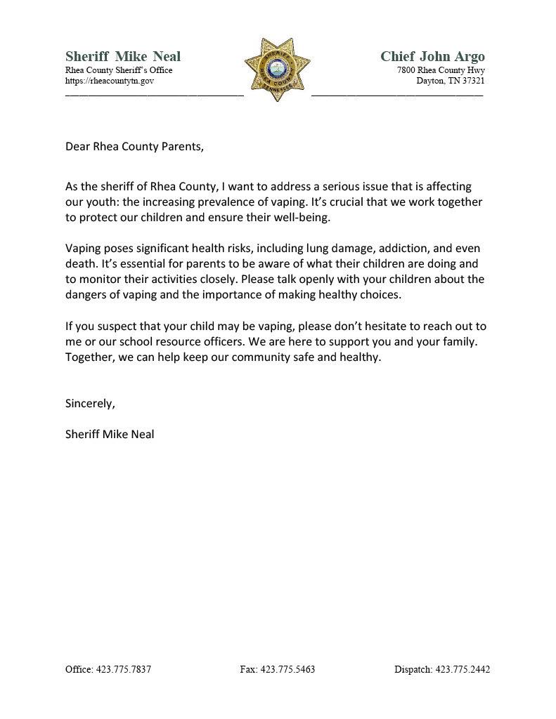 Sheriff Neal Letter to Parents